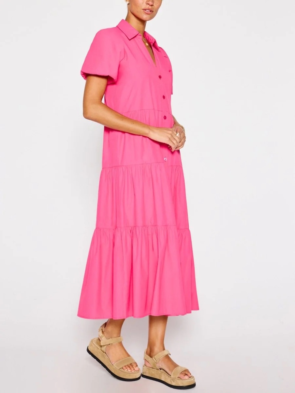 Brochu Walker Pink Tiered Puff Sleeve Havana Dress